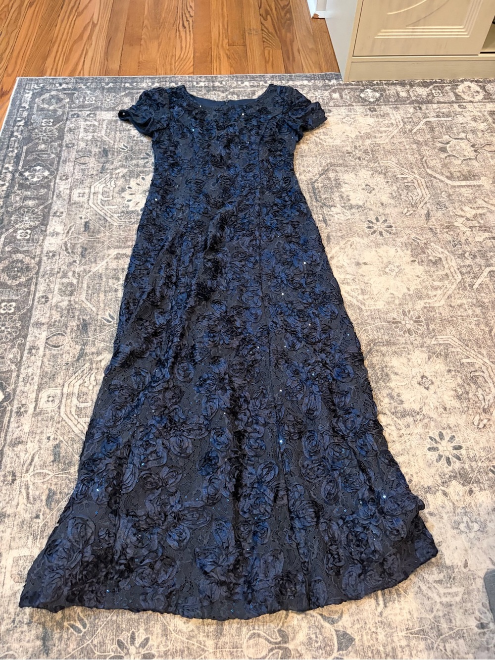 Alex Evenings Navy Floral Appliqué Maxi Gown